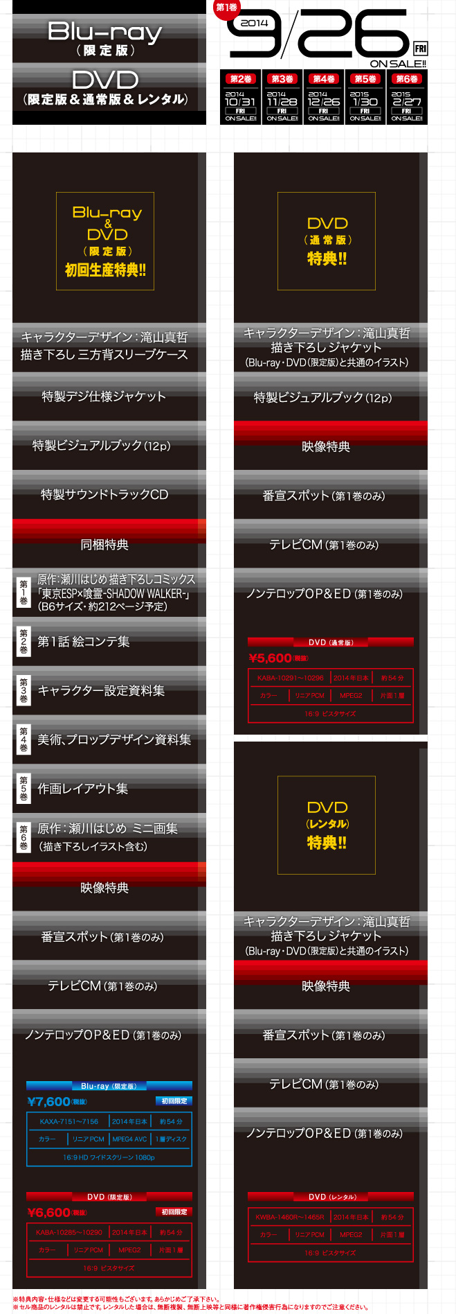 
Blu-ray&DVD　2014年9月26日（金）より発売決定！！
「東京ESP」Blu-ray&DVD第1巻　は2014年9月26日（金）発売！！

■Blu-ray限定版　価格：7,600円（税抜）
第1巻　品番：KAXA-7151　2014年9月26日（金）発売
第2巻　品番：KAXA-7152　2014年10月31日（金）発売
第3巻　品番：KAXA-7153　2014年11月28日（金）発売
第4巻　品番：KAXA-7154　2014年12月26日（金）発売
第5巻　品番：KAXA-7155　2015年1月30日（金）発売
第6巻　品番：KAXA-7156　2015年2月27日（金）発売

■ＤＶＤ限定版　価格：6,600円（税抜）
第1巻　品番：KABA-10285　2014年9月26日（金）発売
第2巻　品番：KABA-10286　2014年10月31日（金）発売
第3巻　品番：KABA-10287　2014年11月28日（金）発売
第4巻　品番：KABA-10288　2014年12月26日（金）発売
第5巻　品番：KABA-10289　2015年1月30日（金）発売
第6巻　品番：KABA-10290　2015年2月27日（金）発売

・収録内容：各２話収録・全6巻

【Blu-ray限定版 &DVD限定版 特典】
・キャラクターデザイン・滝山真哲描き下ろし三方背スリーブケース
・本編DISC+特製CD（サウンドトラック）
・特製デジ仕様ジャケット
・封入特典その１：特製ビジュアルブック（12ｐ）
・封入特典その２：
第１巻＝原作・瀬川はじめ描き下ろしコミックス「東京ESP×喰霊－SHADOW WALKER－」（約212ページ予定）
第２巻＝第１話絵コンテ集
第３巻＝キャラクター設定資料集
第４巻＝美術、プロップデザイン資料集
第５巻＝作画レイアウト集
第６巻＝原作・瀬川はじめミニ画集（描き下ろしイラスト含む）
・映像特典：番宣スポット（第１巻のみ）、テレビCM（第１巻のみ）、ノンテロップＯＰ＆ＥＤ（第１巻のみ）

■ＤＶＤ通常版　価格：5,600円（税抜）

第1巻　品番：KABA-10291　2014年9月26日（金）発売
第2巻　品番：KABA-10292　2014年10月31日（金）発売
第3巻　品番：KABA-10293　2014年11月28日（金）発売
第4巻　品番：KABA-10294　2014年12月26日（金）発売
第5巻　品番：KABA-10295　2015年1月30日（金）発売
第6巻　品番：KABA-10296　2015年2月27日（金）発売

【ＤＶＤ通常版版 特典】
・キャラクターデザイン・滝山真哲描き下ろしジャケット
（Blu-ray限定版・DVD限定版と同じ絵柄になります）
・封入特典：特製ビジュアルブック（12ｐ）
・映像特典：番宣スポット（第１巻のみ）、テレビCM（第１巻のみ）、ノンテロップＯＰ＆ＥＤ（第１巻のみ）

後続巻も毎月発売予定！！

発売：株式会社KADOKAWA　角川書店　　販売：株式会社KADOKAWA　角川書店
(C)2014 瀬川はじめ／KADOKAWA角川書店刊／[東京ESP]製作委員会

※特典内容・仕様などは変更する可能性もございます。あらかじめご了承ください。
		